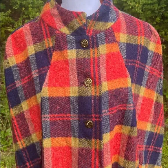 Vintage Red Blue Plaid Wool Blend Cape with Button Closure - Picture 2 of 10